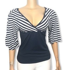 DOIS Striped Top V-neck Blue white bell sleeve size L